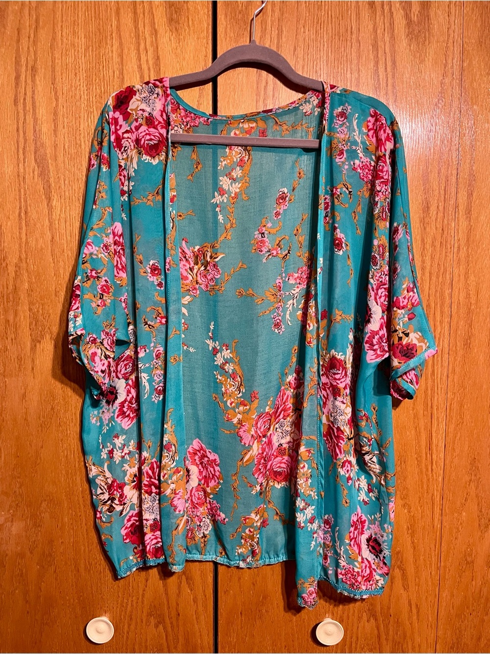 Teal Floral Open Front Kimono Cardigan